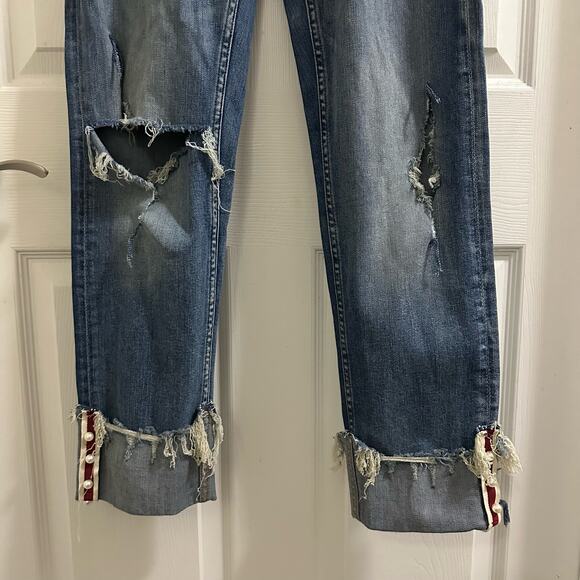 ZARA Basic Z1975 Denim Women's Rolled up embellished distressed Jeans Size US 8 - Picture 2 of 13